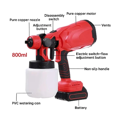 Pistol profesional de vopsit si zugravit electric 800 ml si 2 acumulatori 48V Portabil