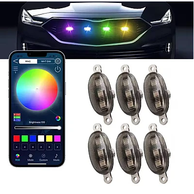 Kit 6 lumini ambientale auto pentru grila RGB 12V cu aplicatie Kit 6 lumini ambientale auto pentru grila RGB 12V cu aplicatie