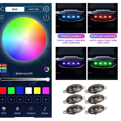 Kit 6 lumini ambientale auto pentru grila RGB 12V cu aplicatie Kit 6 lumini ambientale auto pentru grila RGB 12V cu aplicatie