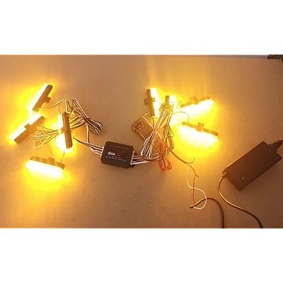 Set 8 lumini stroboscop galbene 4 LED grila telecomanda 7 functii 12V