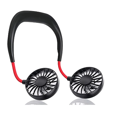 Mini ventilator portabil dublu pentru gat cu acumulator si 3 trepte de viteza ROSU/NEGRU OFF