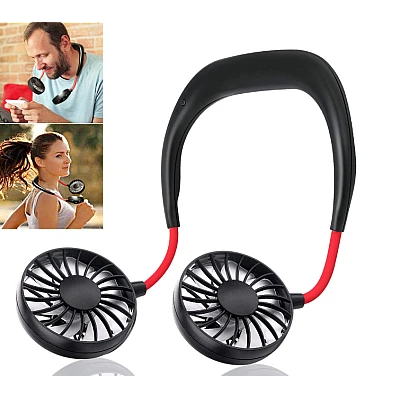 Mini ventilator portabil dublu pentru gat cu acumulator si 3 trepte de viteza ROSU/NEGRU OFF