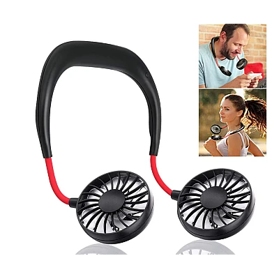 Mini ventilator portabil dublu pentru gat cu acumulator si 3 trepte de viteza ROSU/NEGRU OFF