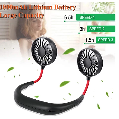 Mini ventilator portabil dublu pentru gat cu acumulator si 3 trepte de viteza ROSU/NEGRU OFF