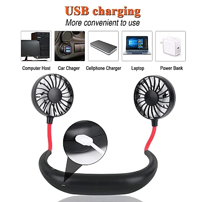 Mini ventilator portabil dublu pentru gat cu acumulator si 3 trepte de viteza ROSU/NEGRU OFF