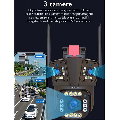 Camera de Supraveghere Tripla WIFI 24MP Exterior/Interior Ultra HD 10X zoom Rotire Comunicare Bidirectionala