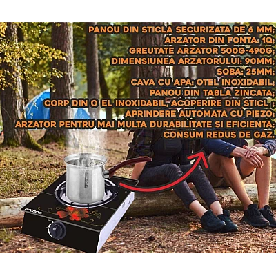 Aragaz din sticla securizata 1 ochi din fonta aprindere pe quartz negru Aragaz din sticla securizata 1 ochi din fonta aprindere pe quartz negru