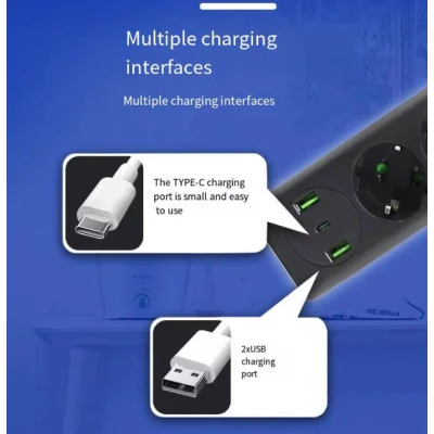 Prelungitor Electric cu 4 prize 2 USB Tip A 1 USB Tip C si intrerupator Q PX400 Prelungitor Electric cu 4 prize 2 USB Tip A 1 USB Tip C si intrerupator Q PX400