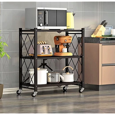 Etajera cu 3 polite mobila Depozitare bucatarie pliabila pe roti Neagra