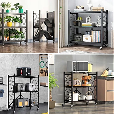 Etajera cu 3 polite mobila Depozitare bucatarie pliabila pe roti Neagra