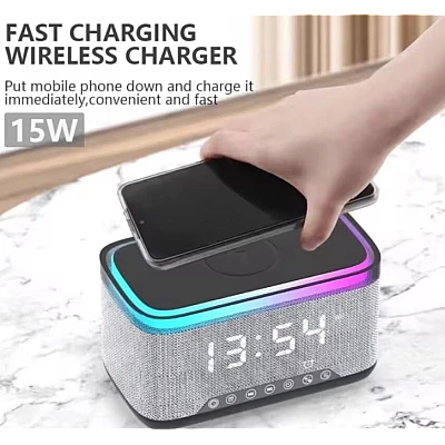 Boxa Bluetooth KP 559 3 in 1 cu incarcator wireless ceas si iluminare LED 10W