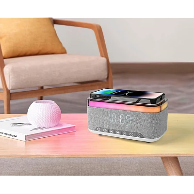 Boxa Bluetooth KP 559 3 in 1 cu incarcator wireless ceas si iluminare LED 10W