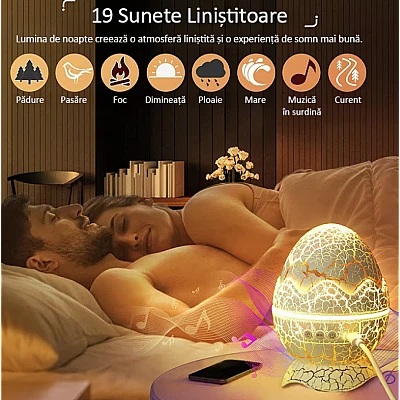 Proiector Stele Ou de Dinozaur 4 IN 1 lampa veghe copii speaker bluetooth LED 19 sunete albe rotatie 360