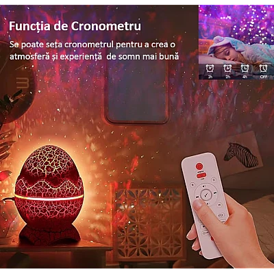 Proiector Stele Ou de Dinozaur 4 IN 1 lampa veghe copii speaker bluetooth LED 19 sunete albe rotatie 360