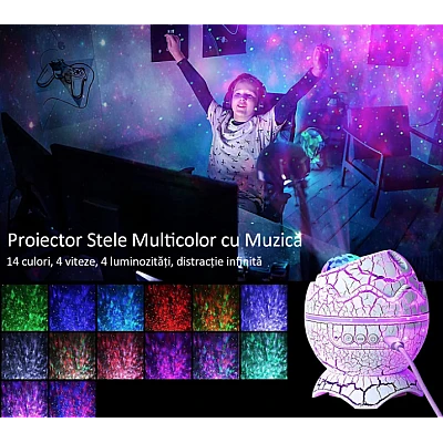 Proiector Stele Ou de Dinozaur 4 IN 1 lampa veghe copii speaker bluetooth LED 19 sunete albe rotatie 360