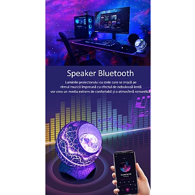 Proiector Stele Ou de Dinozaur 4 IN 1 lampa veghe copii speaker bluetooth LED 19 sunete albe rotatie 360