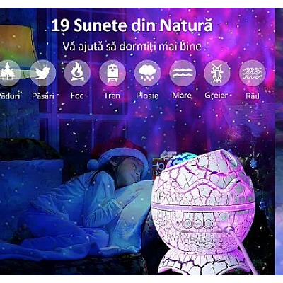 Proiector Stele Ou de Dinozaur 4 IN 1 lampa veghe copii speaker bluetooth LED 19 sunete albe rotatie 360