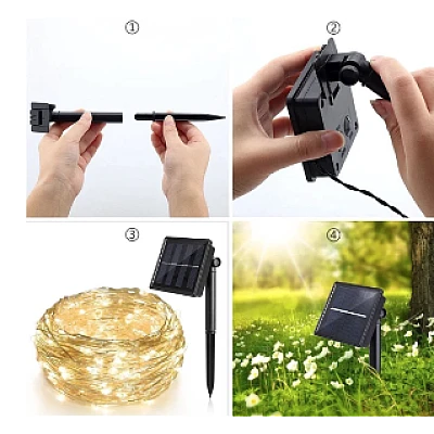 Instalatie solara 30 metri cu 300 LED fir CUPRU telecomanda ALB CALD