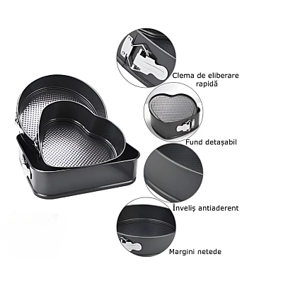 Set 3 tavi pentru copt forma Inima/Rotunda/Patrata cu baza detasabila 24/26/28 cm Set 3 tavi pentru copt forma Inima/Rotunda/Patrata cu baza detasabila 24/26/28 cm