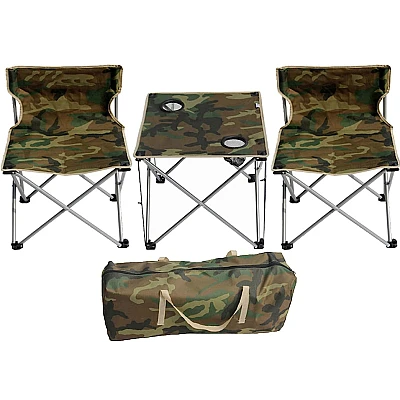 Set 1 Masa cu 2 Scaune Pentru Camping Pliabile Model Army Geanta Inclusa Set 1 Masa cu 2 Scaune Pentru Camping Pliabile Model Army Geanta Inclusa