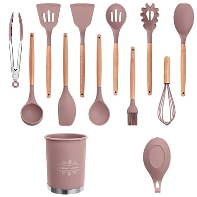 Set 12 ustensile de bucătărie cu mâner de lemn roz Set 12 ustensile de bucătărie cu mâner de lemn roz