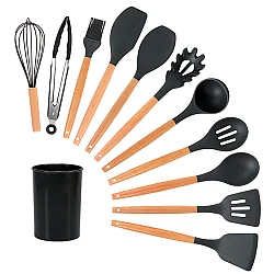UB Set 12 Ustensile NEGRE antiaderente de Bucatarie din silicon cu maner de Bambus calitate PREMIUM