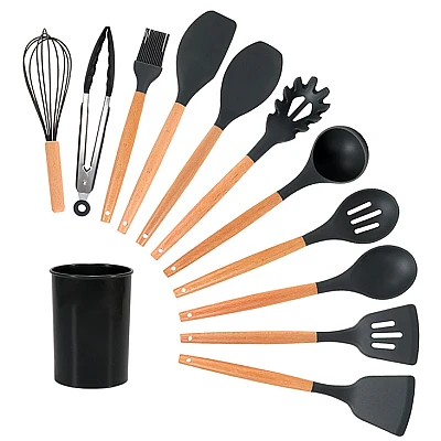 UB Set 12 Ustensile NEGRE antiaderente de Bucatarie din silicon cu maner de Bambus calitate PREMIUM UB Set 12 Ustensile NEGRE antiaderente de Bucatarie din silicon cu maner de Bambus calitate PREMIUM