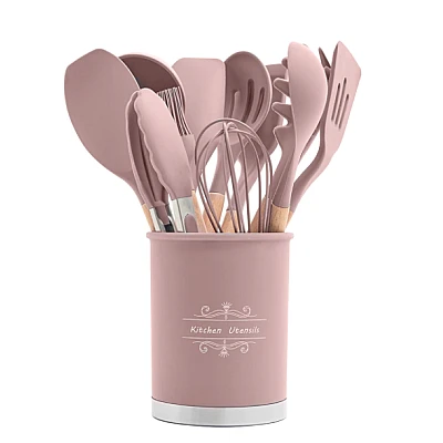 Set 13 Ustensile ROZ antiaderente de Bucatarie din silicon cu maner de Bambus calitate PREMIUM Set 13 Ustensile ROZ antiaderente de Bucatarie din silicon cu maner de Bambus calitate PREMIUM