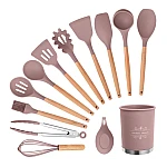 Set 13 Ustensile ROZ antiaderente de Bucatarie din silicon cu maner de Bambus calitate PREMIUM