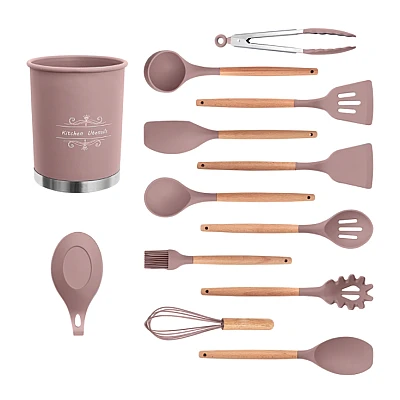 Set 13 Ustensile ROZ antiaderente de Bucatarie din silicon cu maner de Bambus calitate PREMIUM Set 13 Ustensile ROZ antiaderente de Bucatarie din silicon cu maner de Bambus calitate PREMIUM