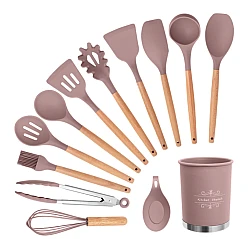 Set 13 Ustensile ROZ antiaderente de Bucatarie din silicon cu maner de Bambus calitate PREMIUM