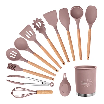 Set 13 Ustensile ROZ antiaderente de Bucatarie din silicon cu maner de Bambus calitate PREMIUM Set 13 Ustensile ROZ antiaderente de Bucatarie din silicon cu maner de Bambus calitate PREMIUM