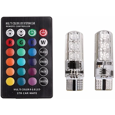 Set 2 becuri T10 LED auto RGB cu telecomanda putere 2W Set 2 becuri T10 LED auto RGB cu telecomanda putere 2W