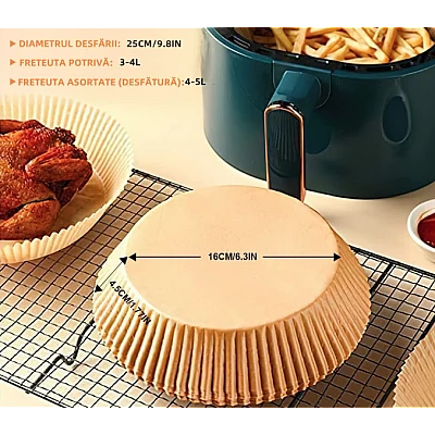 Set 50 hartii de copt ROTUNDE pentru friteuza Unica folosinta 16x20x4.5 cm Maro Set 50 hartii de copt ROTUNDE pentru friteuza Unica folosinta 16x20x4.5 cm Maro