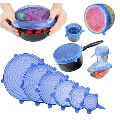 Set 6 capace pentru alimente flexibile din silicon transparent albastru Set 6 capace pentru alimente flexibile din silicon transparent albastru