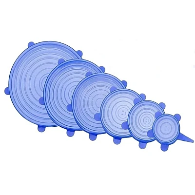 Set 6 capace pentru alimente flexibile din silicon transparent albastru Set 6 capace pentru alimente flexibile din silicon transparent albastru
