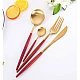Set de 4 piese tacamuri in stil portughez- culoare rosu si auriu Set de 4 piese tacamuri in stil portughez- culoare rosu si auriu