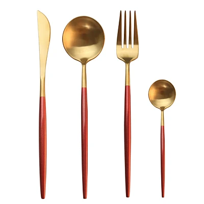 Set de 4 piese tacamuri in stil portughez- culoare rosu si auriu Set de 4 piese tacamuri in stil portughez- culoare rosu si auriu