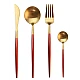 Set de 4 piese tacamuri in stil portughez- culoare rosu si auriu Set de 4 piese tacamuri in stil portughez- culoare rosu si auriu