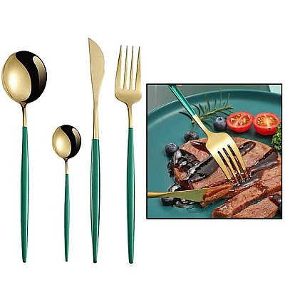 Set de 4 piese tacamuri in stil portughez- culoare turcoaz si auriu Set de 4 piese tacamuri in stil portughez- culoare turcoaz si auriu