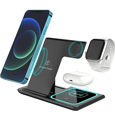 Statie Incarcare Wireless Portabila 3-in-1 pentru telefon ceas casti Statie Incarcare Wireless Portabila 3-in-1 pentru telefon ceas casti