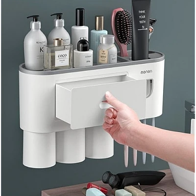Suport Dispenser pasta de dinti cu 3 pahare magnetice 4 periute Suport Dispenser pasta de dinti cu 3 pahare magnetice 4 periute