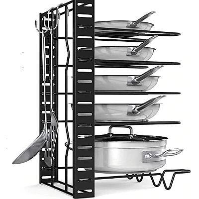 Suport vesela bucatarie ajustabil multifunctional cu 5 rafturi pentu capace sau tigai Suport vesela bucatarie ajustabil multifunctional cu 5 rafturi pentu capace sau tigai