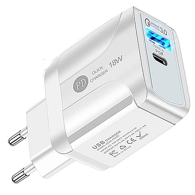 Incarcator de PRIZA PD 18W cu 2 porturi QC3.0 Incarcator de PRIZA PD 18W cu 2 porturi QC3.0