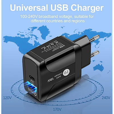 Incarcator de PRIZA PD 18W cu 2 porturi QC3.0 Incarcator de PRIZA PD 18W cu 2 porturi QC3.0