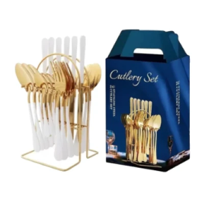 Set tacamuri 24 piese cu suport otel inoxidabil ALB AURIU