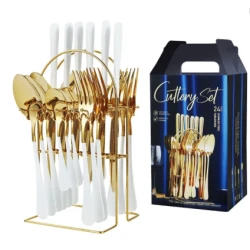 Set tacamuri 24 piese cu suport otel inoxidabil ALB AURIU