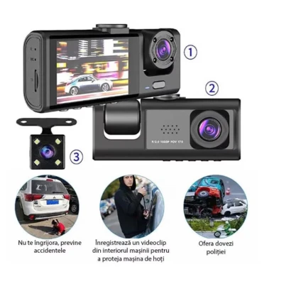 Camera video de bord auto 1080P HD TRIPLA senzor G DVR camera cu unghi de vizualizare de 170 grade