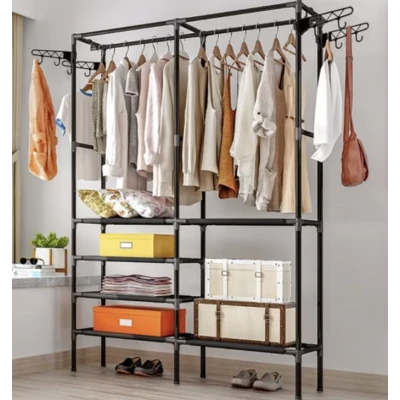 Suport pentru haine din metal 6 rafturi cu 2 bare de suspendare 86x30x180cm ALB