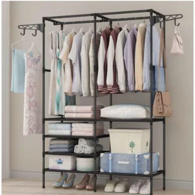 Suport pentru haine din metal 6 rafturi cu 2 bare de suspendare 86x30x180cm ALB